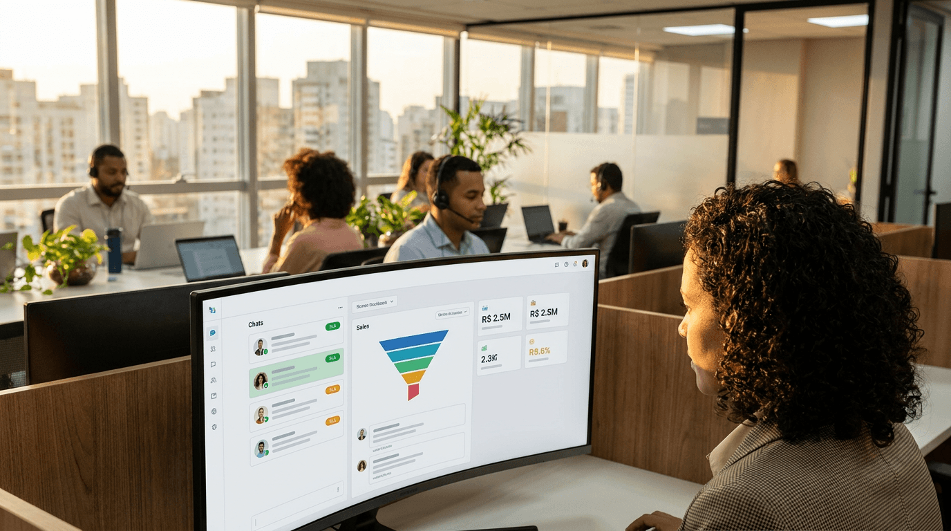 Gestora comercial em escritório analisa, em um monitor, o painel com conversas de WhatsApp, SLA e funil de vendas, enquanto a equipe atende clientes ao fundo.